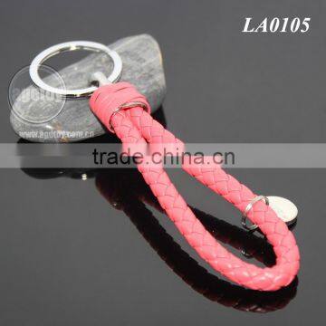 Manual Hand Woven Rope Silver Zinc Alloy Metal Round Tag Braided Leather Cord Pink Leather Straps Braid Keyring