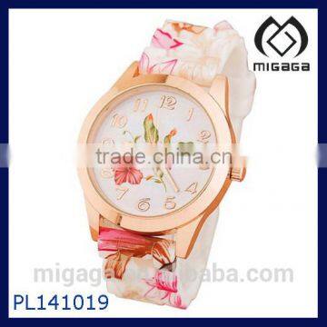 Women Pink Silicone Printed Flower Causal Quartz Wrist Watches