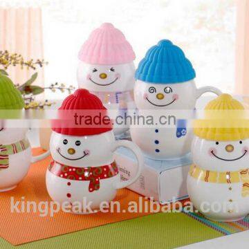 Best Selling 330ml Snowman Customed Ceramic Coffee Mug/Promotion Christmas Gift Coffee Travel Mug With Spoon and Silicone Lid photo-2