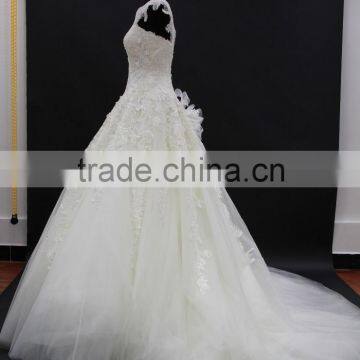 Cream Nice Design Embroidery Lace Appliques Cap Sleeve Long Train Wedding Dress photo-3