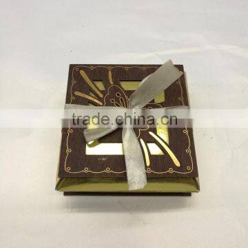 Yiwu factory price butterfly design wooden gift box with ribbon tie, gold stamping candy packing box