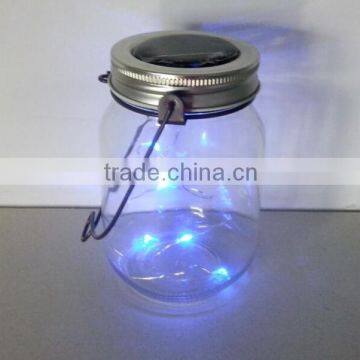 Metal lid clear glass flicker blue led sun jar garden light