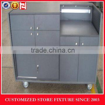 Grey cash wrap counter with castors