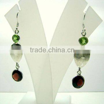 Peridot & Garnet Round Gemstone Facet Earrings, 925 Solid Sterling Silver Earrings, Designer Bezel Dangle Earrings