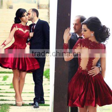 2015 New Fashion red appliqued puffy satin long sleeve short/mini party prom dress,arabic style prom dress KE263