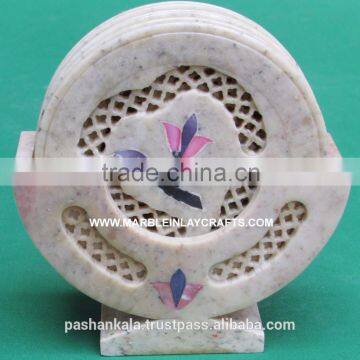 Soapstone Inlay Tea Coaster Set, Soapstone Handicrafts Item