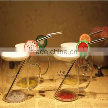 Office use & stockage lovely fruit design transparent glass cup with personality straw and lid