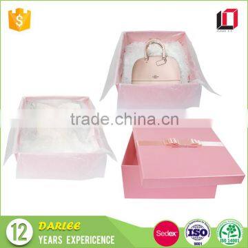 High quality cardboard paper pink luxury ladies bag packaging gift box with ribbon lid