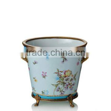 Floral Painting Multilayer Porcelain Fruit Bowl With Bronze Angel Support, Blue & White Porcelain With Brass Compote photo-4