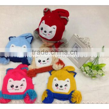 winter knitted hat with earflap pattern , with lovely cartoon and double ball