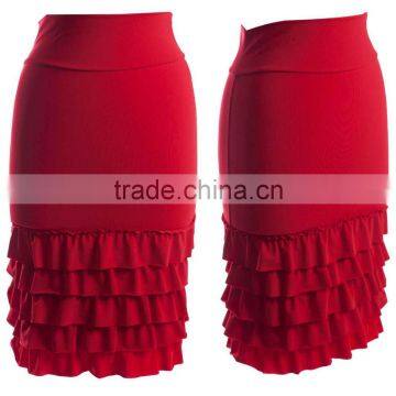 High-waisted Poly/Spandex Stretch Fabric Frill Ruffles Layering Pencil Skirt