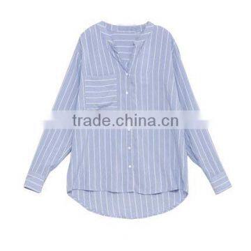 Custom Ladies Casual Cotton Shirts Blue White Stripe Women Shirts photo-2