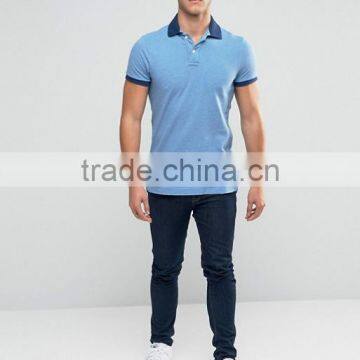 Short Sleeve Button Placket Split Sides Contrast Collar Men's 100% Cotton Breathable Pique 200g Casual Blue Blank Polo Shirt photo-4