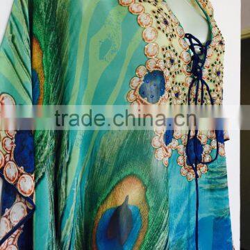 Peacock Digital Print Crystal Embellished Lace up Kaftan CAFTAN Tunic Poncho Blouse photo-3