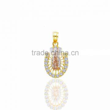 three tone plated mother mary medallion pendant with cz