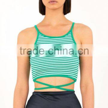 MGOO Wholesale Custom Low Cut Sweater Crop Top Green Stripe Back Up Lace Tank Top Women Fitness