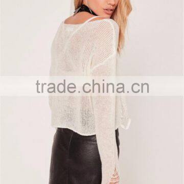 MGOO Newest Design Women Knitwear Sweater Drop Shoulder Loose Neck Distressed Ladder Jumper Cream photo-2