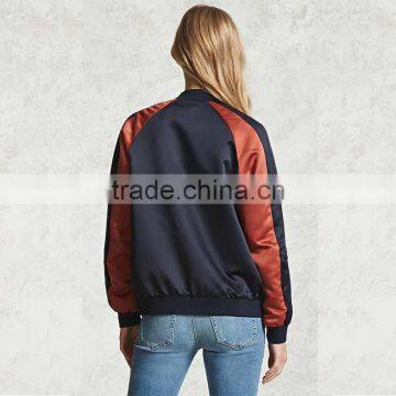 2017 Womens Windproof Satin Contrast Ribbed Knit Trim Bomber Jackets photo-6