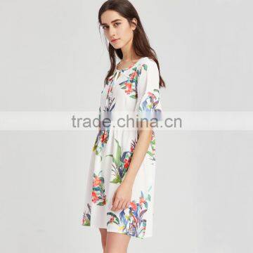 WHITE Flower Designed Short Dress, Women Chiffon Short Sleeve Dress photo-3