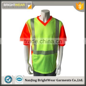 Polyester mens mesh V-neck ANSI 107 manufacturer warning t-shirt