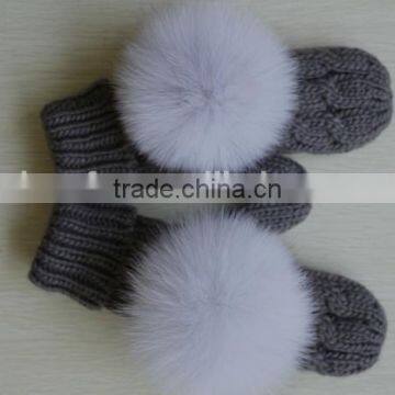 Gray knitten warmer glove match fox fur top ball/ customize gloves/ colorful glove match top ball