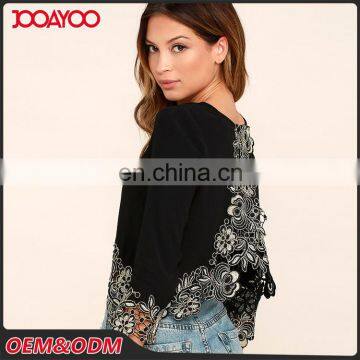 Black Round Neck Long Sleeve Open Back Lace Embroidered Crop Top photo-2