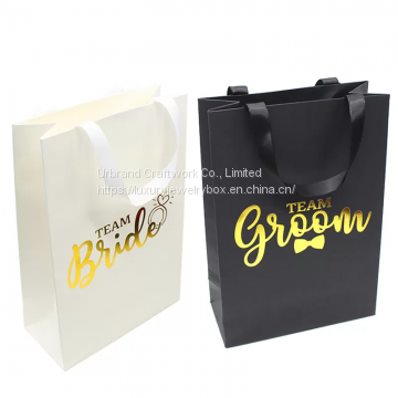 Black Wedding Jewelry Branded Matte Laminated Paper Bags With Grosgrain Handle Gold Foil Logo Urbrand