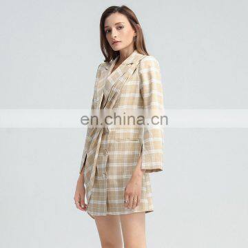 TWOTWINSTYLE Dress Notched Long Sleeve High Waist Elegant Mini Dresses Female Ruched Plaid photo-7