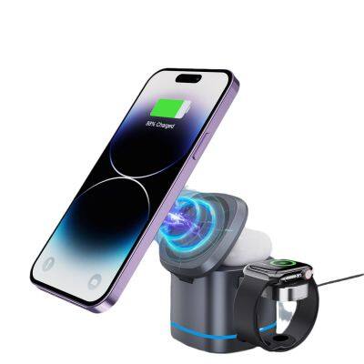 Chargeur sans fil portable 3 en 1 de 15W pour smartphones, montres et écouteurs