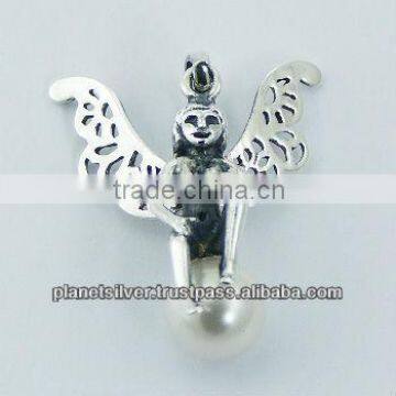 Sterling Silver Pendant Fairy Sitting on Austrian Crystal Pearl