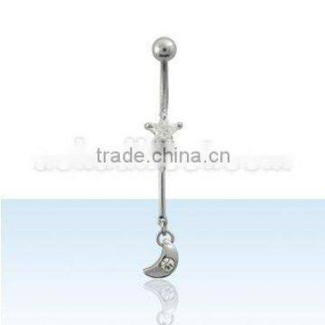 Belly body piercing jewelry with CZ star and dangling moon