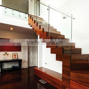 stainless steel wood tread straight stairs with glass handrail China supplier