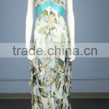 Halter with Bow Back Blue-tone Butterfly Printed Silk Chiffon Sheath Evening Dress with gorgeous ruffled skirt EY0008