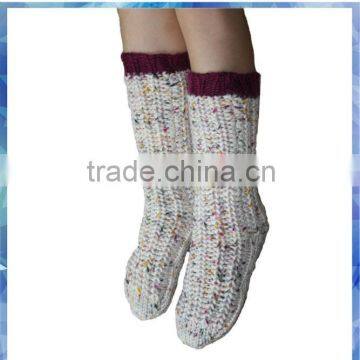 space dye rib knitted sock shoes with leather sole and fleece lining