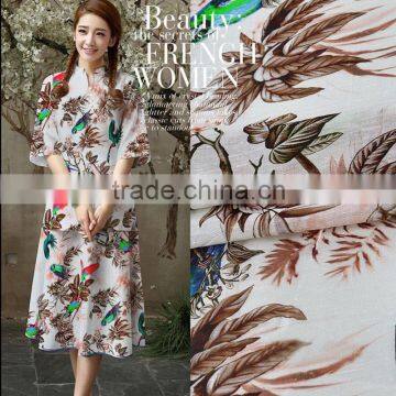 Parrot Bird Branch Leaf Printed Silk Linen Blend Fabric photo-2