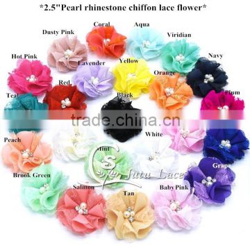 wholesale pearl center chiffon flower- hair accessories craft flower -rhinestone center lace fabric flowers