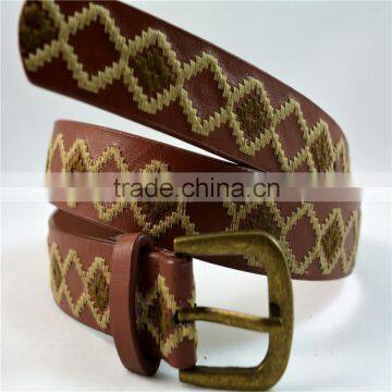 Manufacturer Antique Brass Buckle Geometric Embroidered pu Leather Belt for Women photo-2