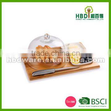 High Quality Glass Cheese Dome With Bamboo Board Set