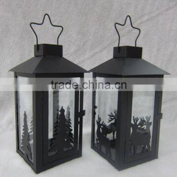 Xmas black metal iron sheet lantern with christmas trees