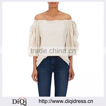 Customized Wholesale Lady's Apparel Puff Short Sleeves Striped Cotton Off-the-shoulder Blouse(DQM025T)