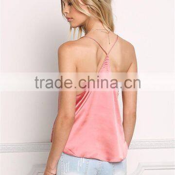 MGOO Foshan Factory Made Pink Satin Cami Sleeveless Strap Girls V Neck Summer Tops Women Blouses photo-6