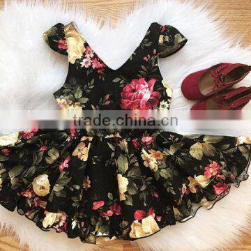Toddler Girls Fall Autumn Black Burgundy Floral Vintage Boho Short Ruffle Dress photo-2