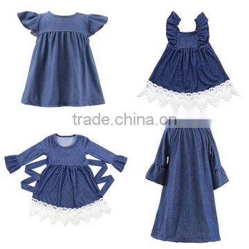 Personalized Cowgirl Bib Ruffled Dress Girls Denim Dress With Lace baby girls dress