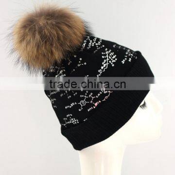 Myfur New Fashion Printing Beanie Winter Hat Type and Knitted Pompom Beanies