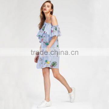 Oblique Shoulder Layered Dress, 2017 Ladies Blue Floral Print Dress photo-5