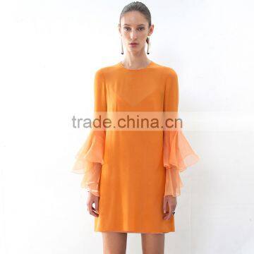 Flare Sleeve Fashionable Shift Dress for Women 2017 Orange Short Dresses photo-5