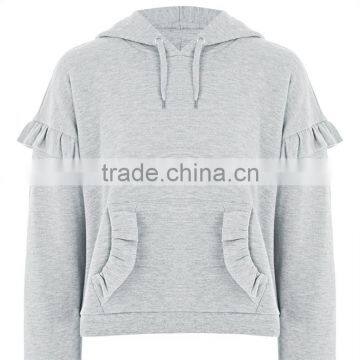 2017 Oem Spring Long Sleeves Solid Color Pretty Ruffle Grey Marl Hoodie photo-4
