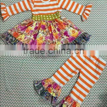 2015 baby stripe top flower dress and stripe ruffle pants baby clothing set baby dresses YW-075