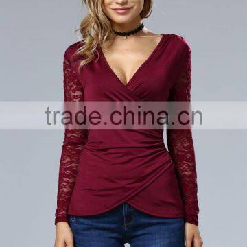 Clothes Woman Fashion Long Bell Sleeve Deep V Neck Lace Blouse 2017 photo-4