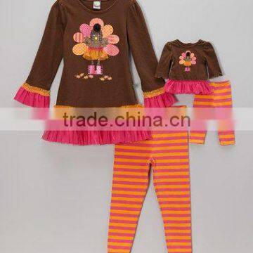 fall turkey embroidery lace ruffle thanksgiving kids clothing sets